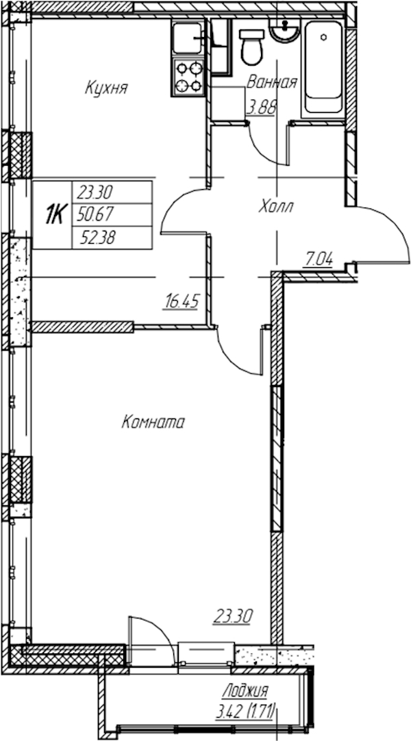 1-комнатная квартира 52.38 м², 2/22 эт., ЖК «Парк-квартал Юнтолово»